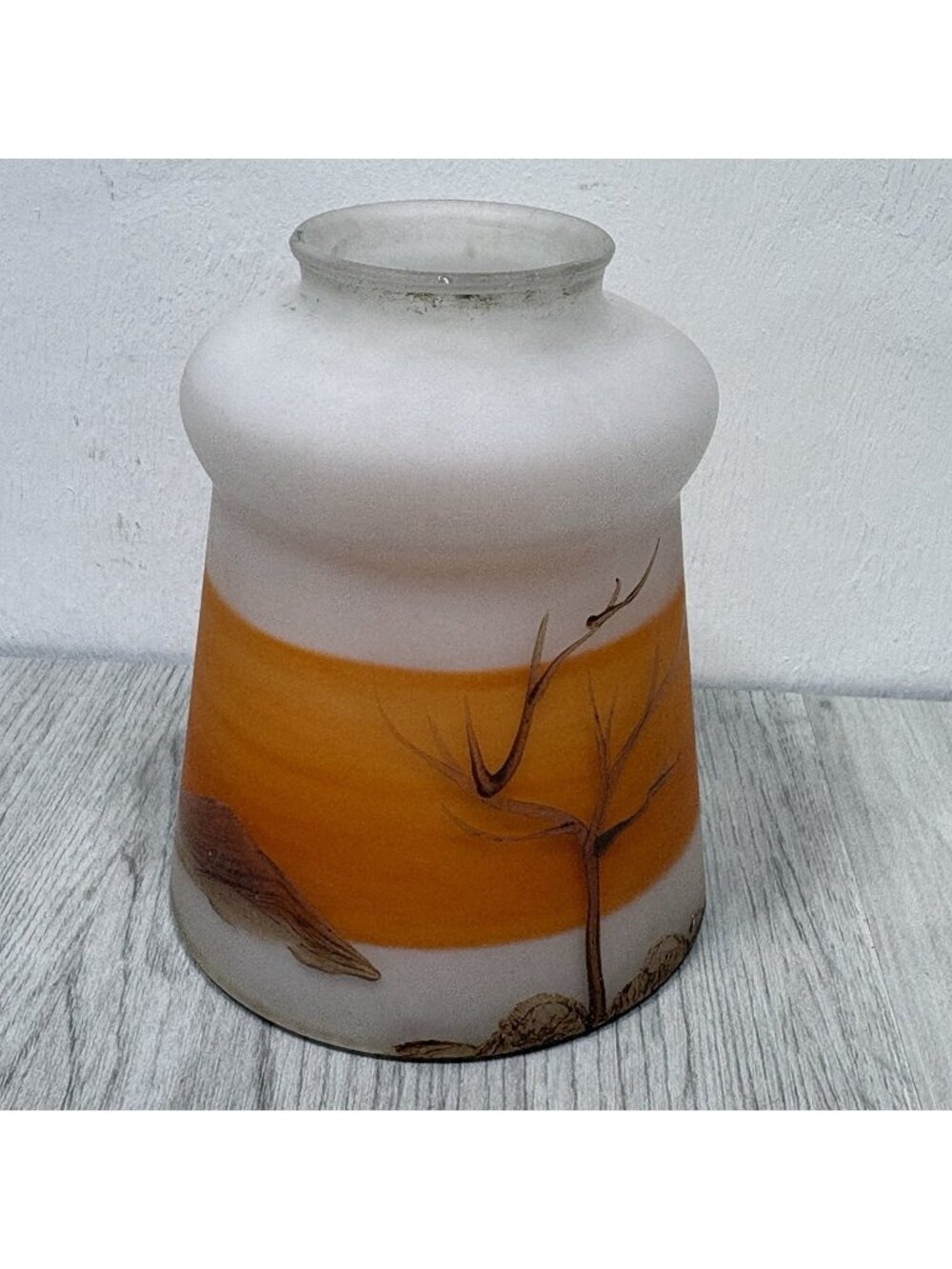 Vintage reverse painted satin glass lamp shade fitter Mountain Trees - C